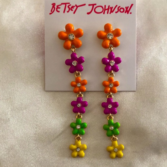 Betsey Johnson Gold Tone Linear Enamel Multicolored Flower Drop Earrings NWT - Picture 3 of 10